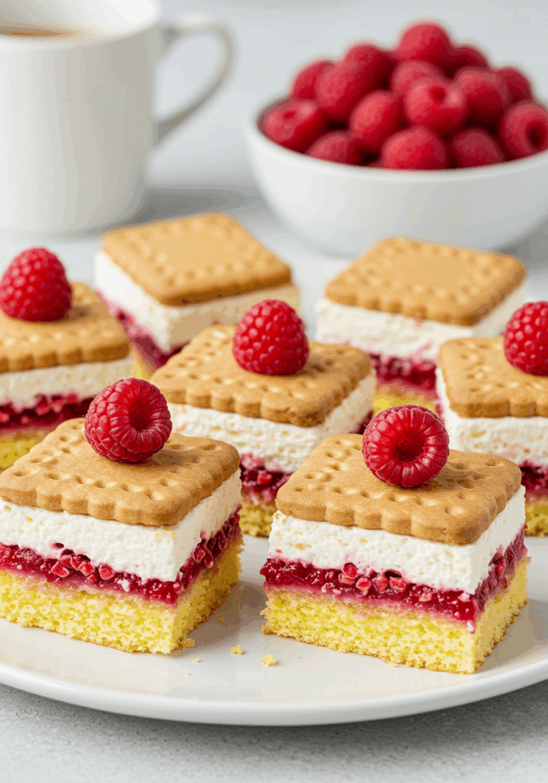 Butterkekskuchen mit Himbeeren und Pudding