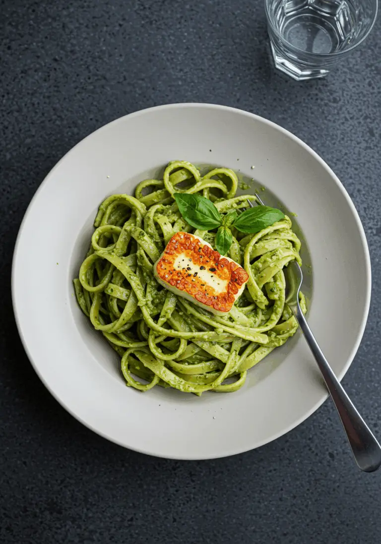 Halloumi mit Zucchini-Pesto-Nudeln