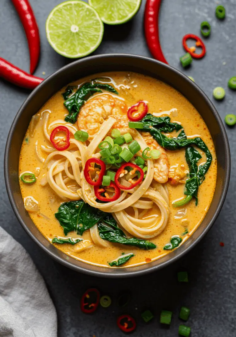 Vegane Curry-Suppe mit Kokosmilch und Reisnudeln