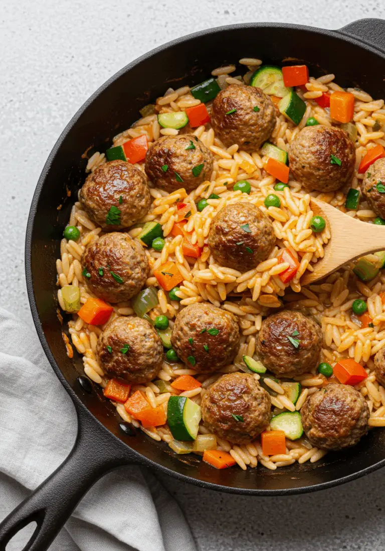 Orzo-Pfanne mit Hackbällchen und Gemüse