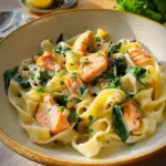 Bandnudeln mit Lachs und Spinat in cremiger Sauce
