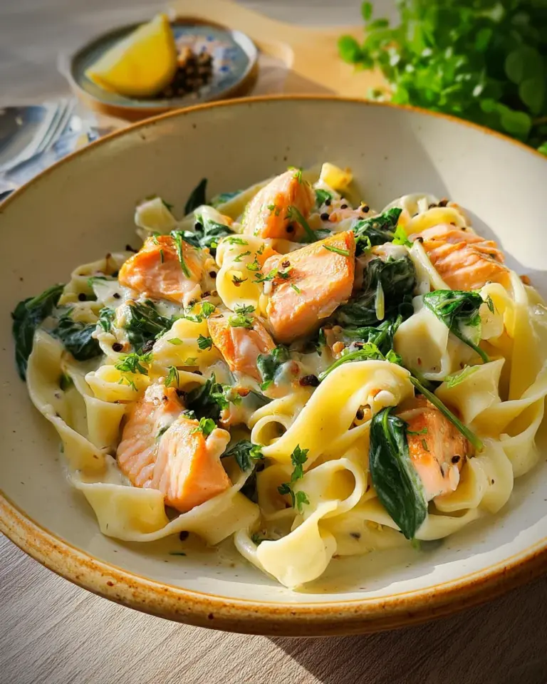 Bandnudeln mit Lachs und Spinat in cremiger Sauce