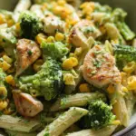 Brokkoli-Mais-Nudeln mit Hähnchen