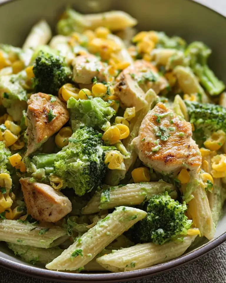 Brokkoli-Mais-Nudeln mit Hähnchen