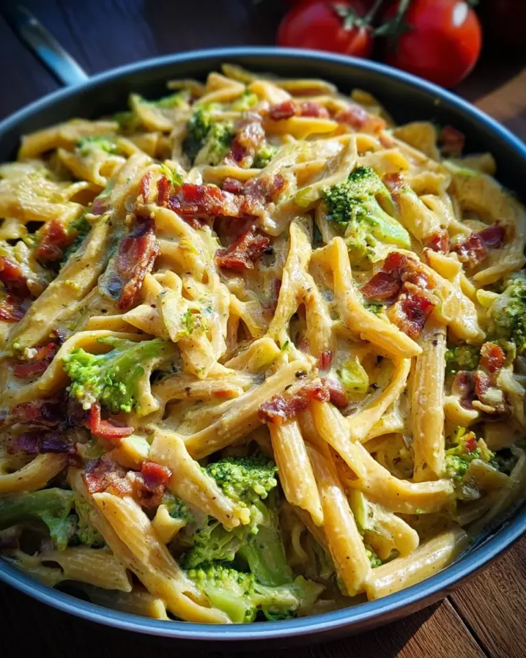 Cremige Pastapfanne mit Brokkoli und turkey bacon