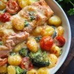 Cremiger Gnocchi Auflauf mit Lachs, Brokkoli und Tomaten