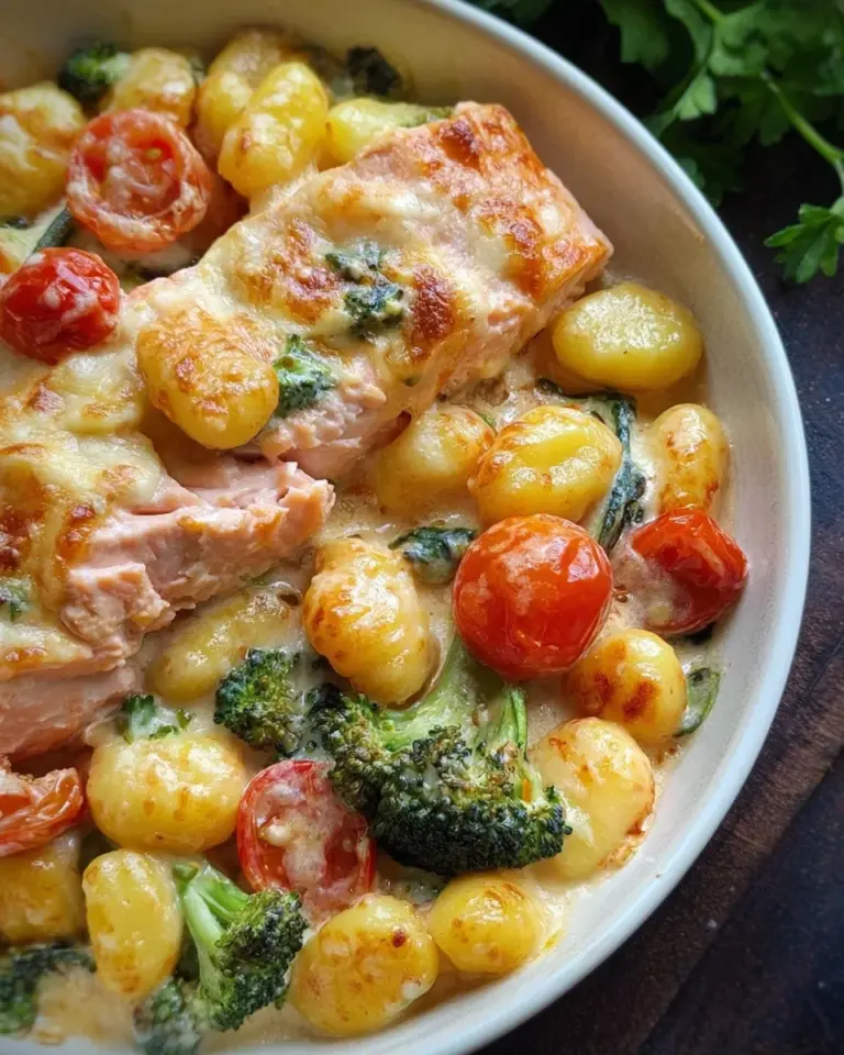Cremiger Gnocchi Auflauf mit Lachs, Brokkoli und Tomaten