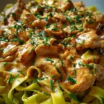 Cremiges Hähnchenragout mit Bandnudeln