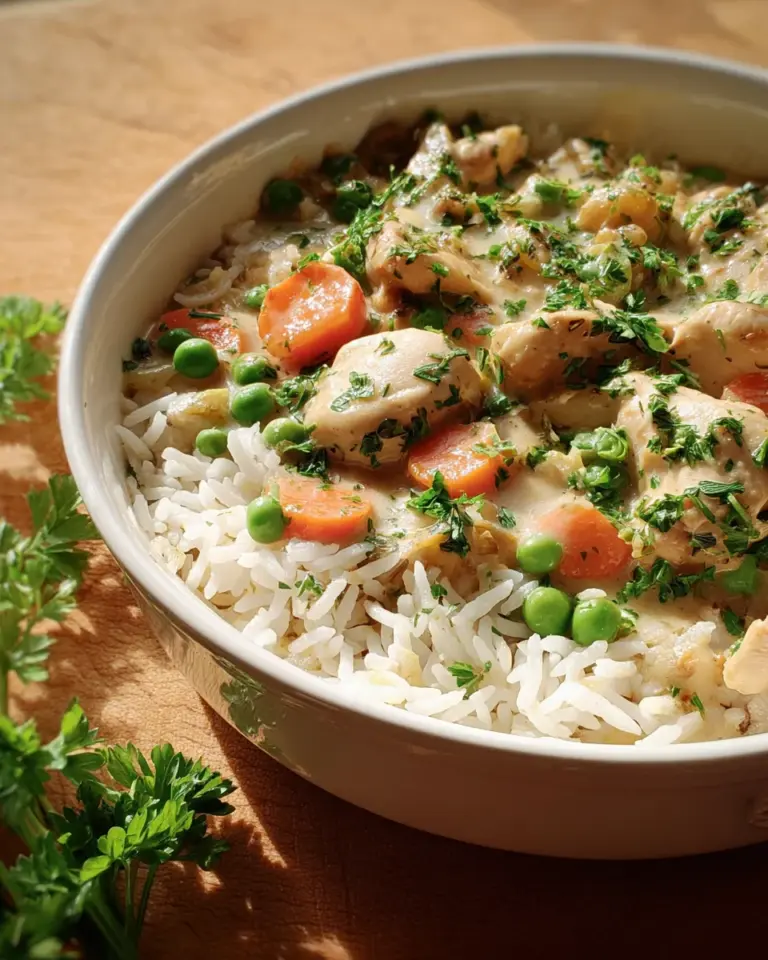 Cremiges Hühnerfrikassee auf Basmatireis
