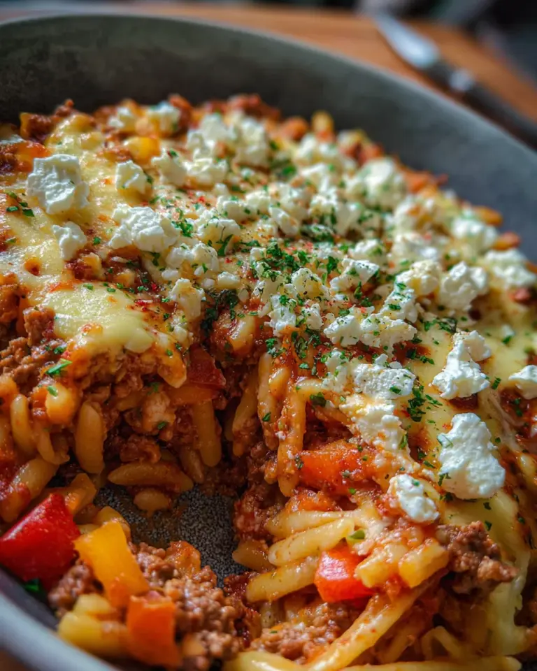 Griechischer Nudel-Hackfleisch Auflauf mit Feta