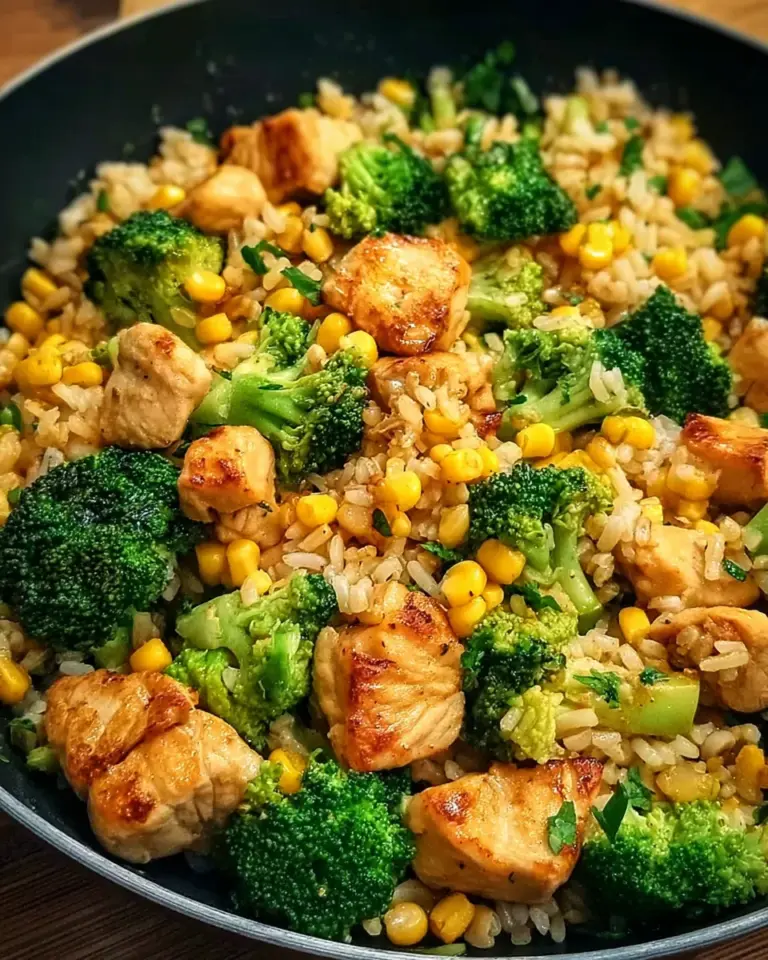 Hähnchen-Reis-Pfanne mit Brokkoli und Mais