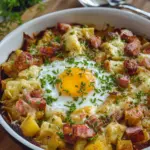 Leberkäse-Kartoffelauflauf mit Spiegelei