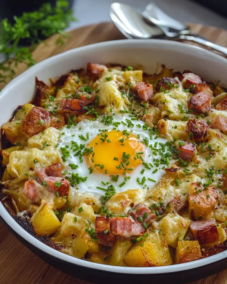 Leberkäse-Kartoffelauflauf mit Spiegelei