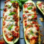 Low Carb Gefüllte Zucchini mit Hähnchen, Tomatensauce und Parmesan