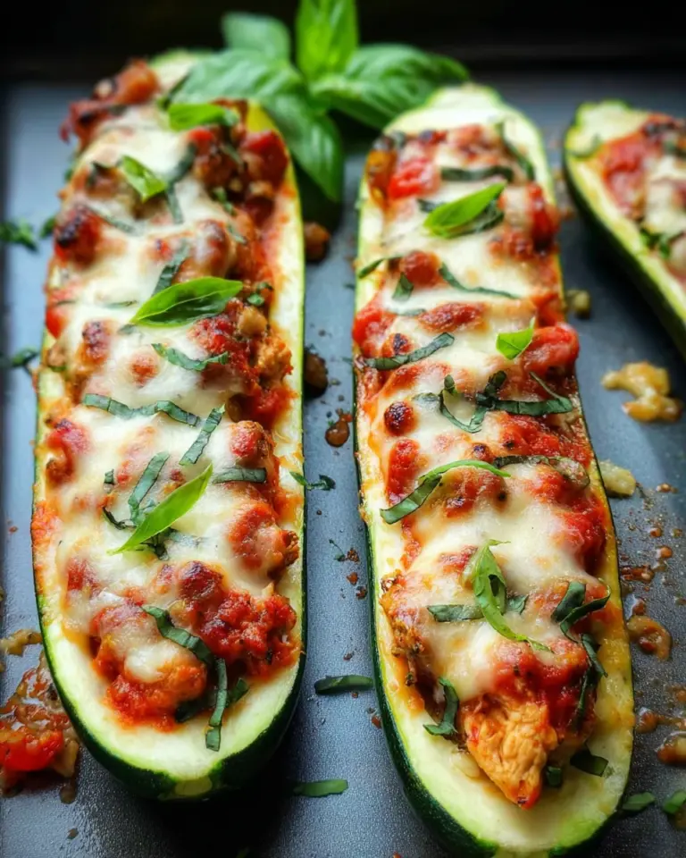 Low Carb Gefüllte Zucchini mit Hähnchen, Tomatensauce und Parmesan