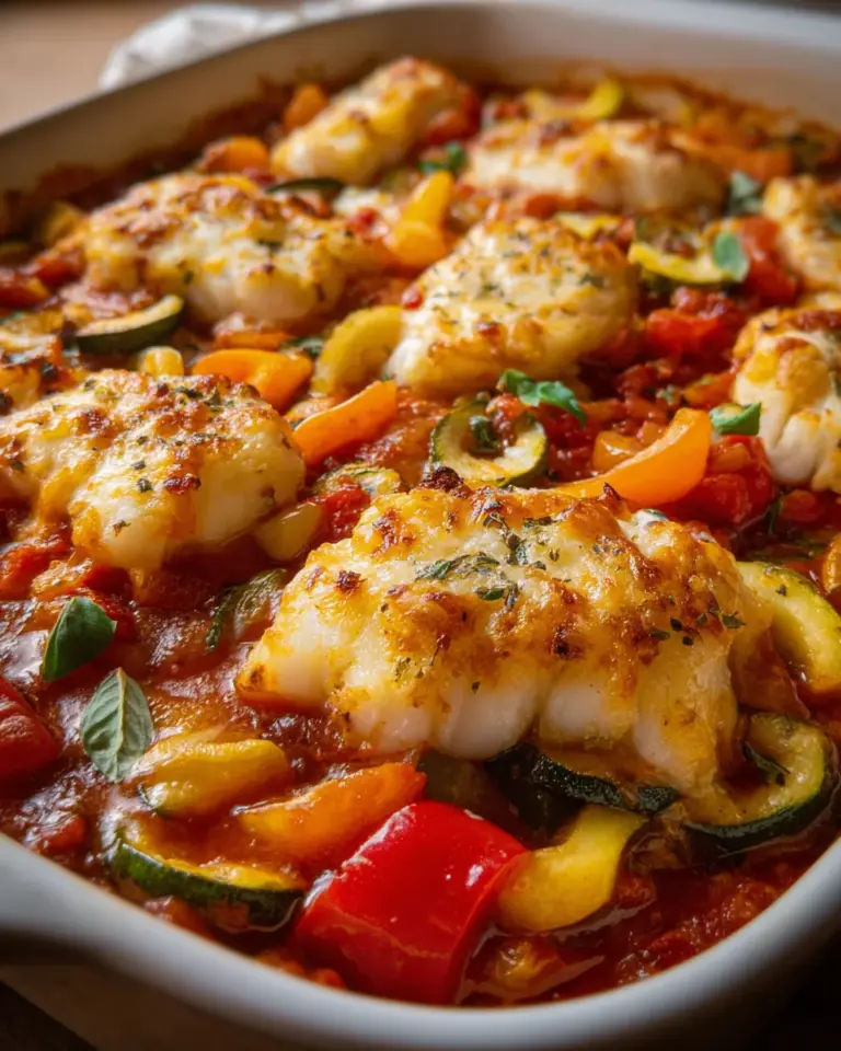 Mediterraner Fischauflauf mit Kabeljau, Paprika & Zucchini