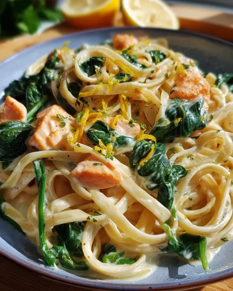 Nudeln in Lachs Sahne Soße mit Spinat