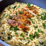 Orzo One Pot Pasta Alfredo mit gebratenem Hähnchen