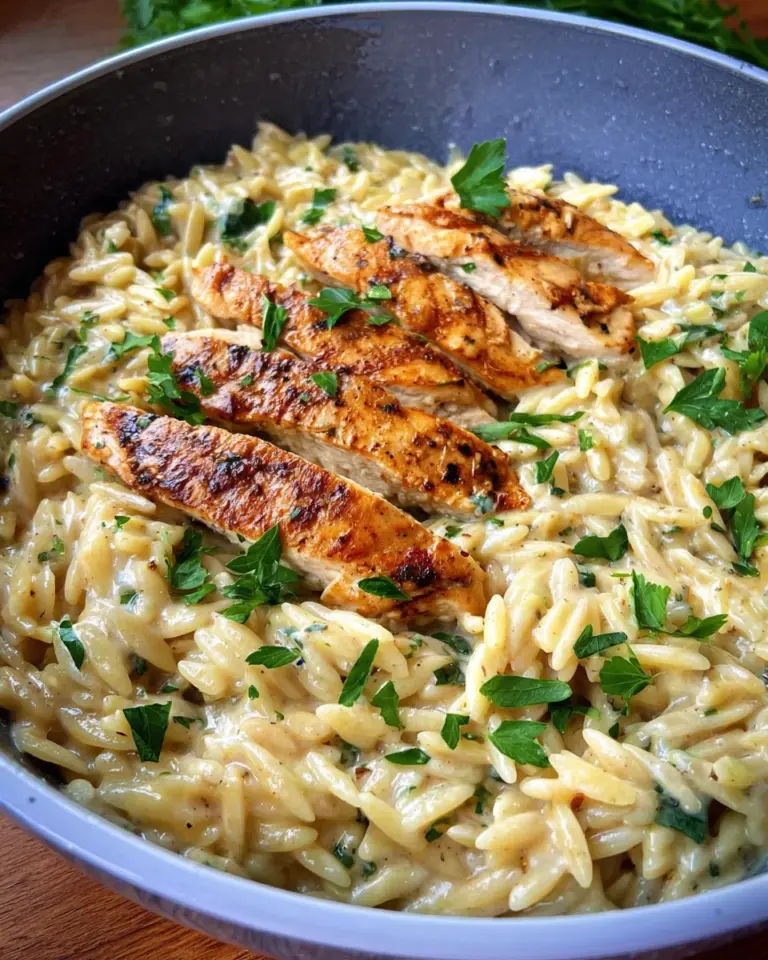 Orzo One Pot Pasta Alfredo mit gebratenem Hähnchen