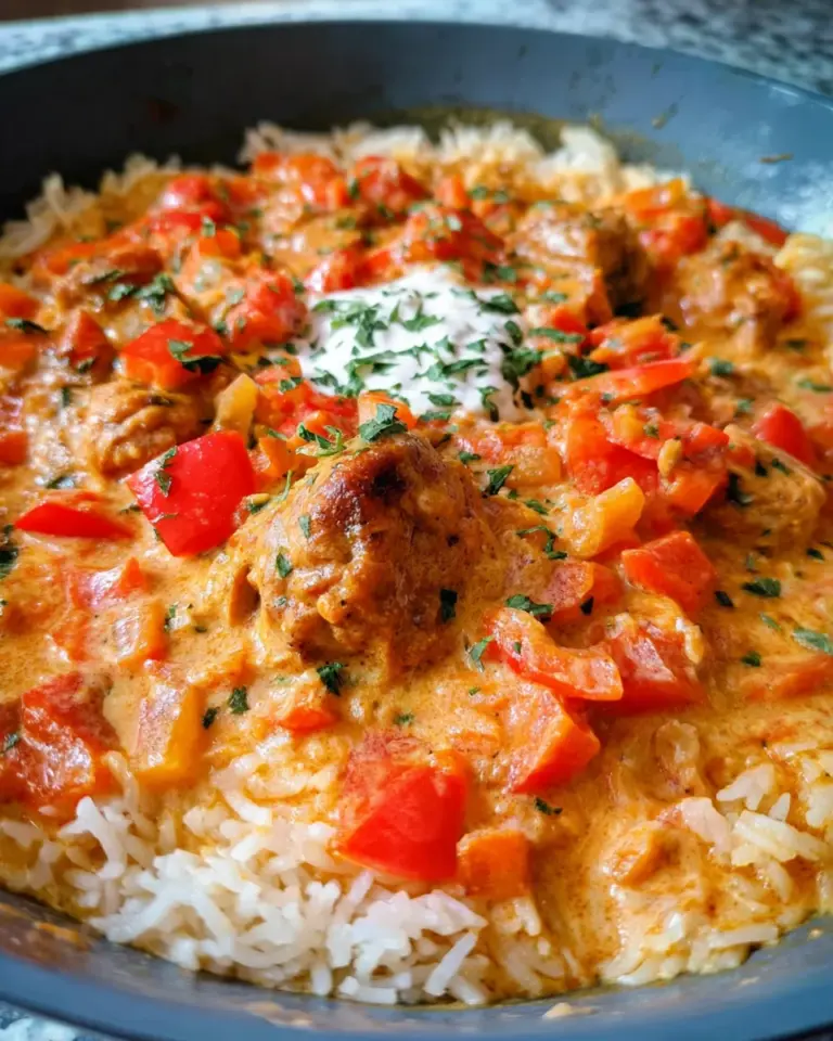 Paprika-Hähnchen-Pfanne mit Reis - cremig & lecker