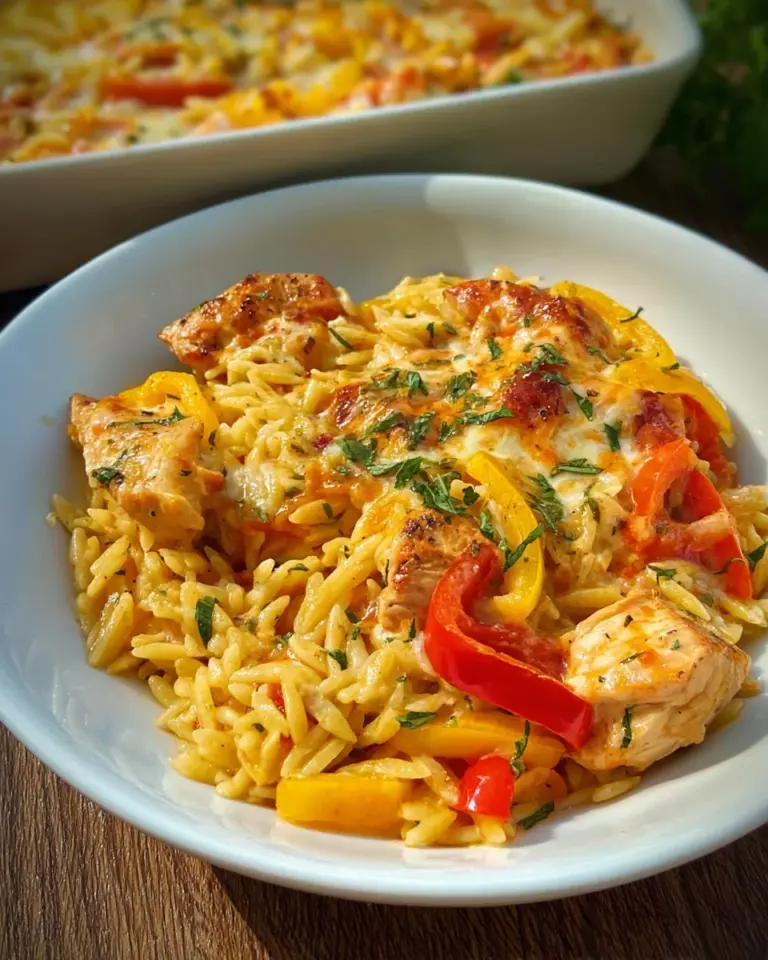 Paprika Sahne Hähnchen mit Orzo Nudeln aus dem Ofen