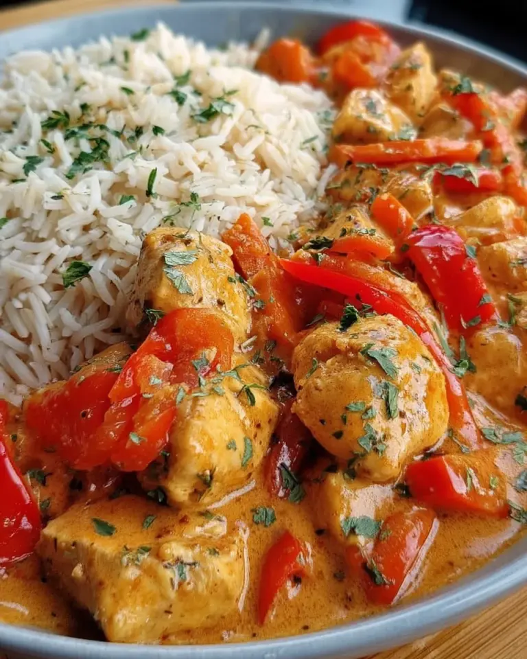 Paprika Sahne Hähnchen mit Reis