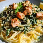 Pasta mit Lachs und Spinat in Sahnesoße.