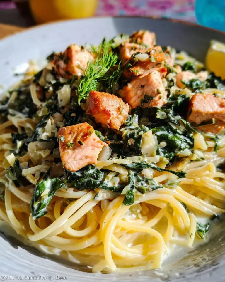 Pasta mit Lachs und Spinat in Sahnesoße.