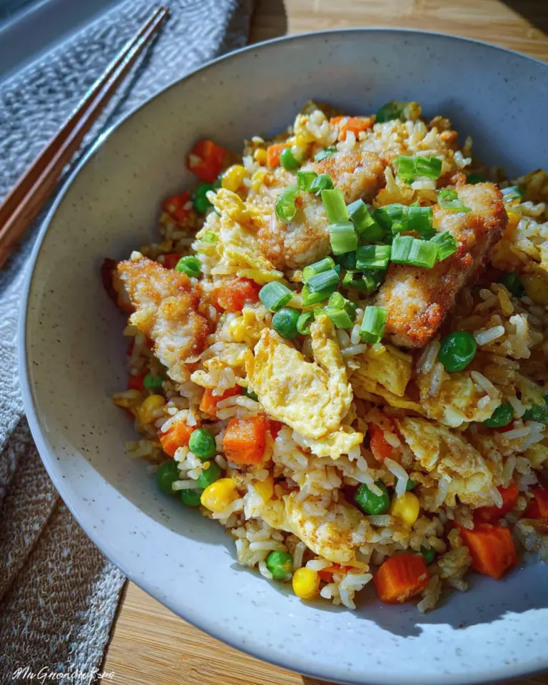 Reis im Airfryer – gebratener Reis mit Hähnchen