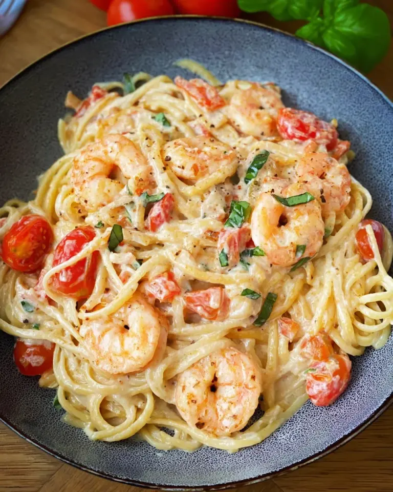 Spaghetti mit Garnelen in Frischkäsesauce