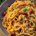 Spaghetti mit karamellisierten Zwiebeln, Speck und getrockneten Tomaten