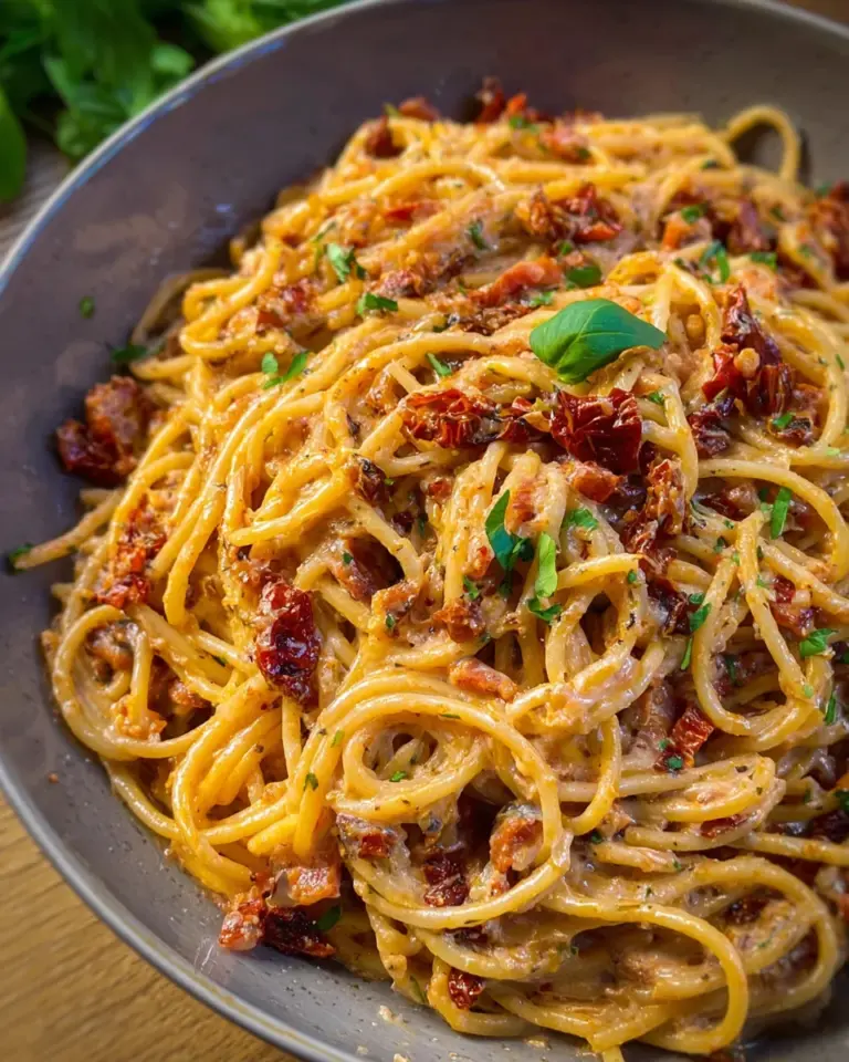 Spaghetti mit karamellisierten Zwiebeln, Speck und getrockneten Tomaten