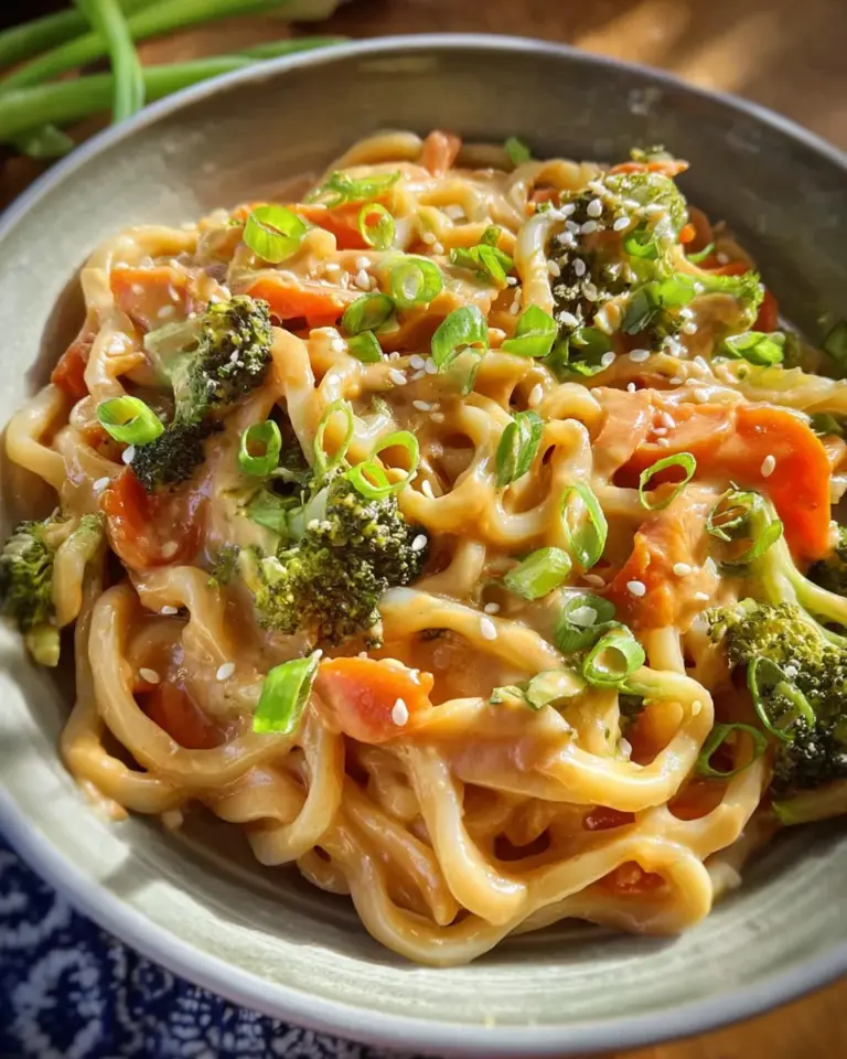 Udon Nudeln mit Erdnusssauce und Gemüse