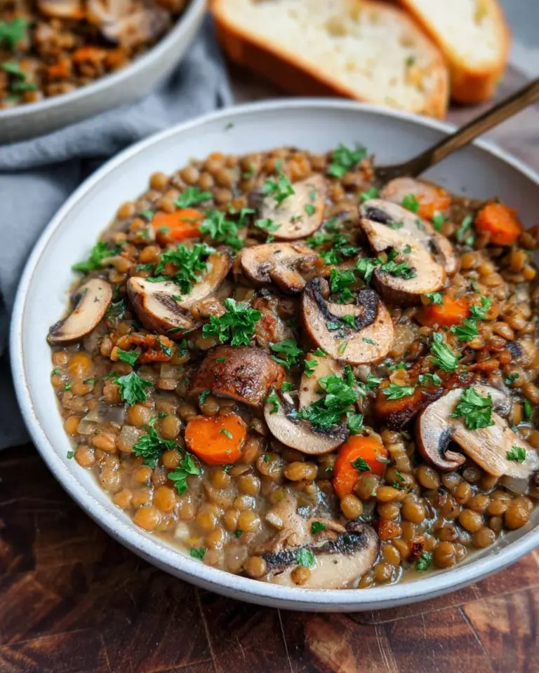 Veganer Linseneintopf mit Champignons und Möhren