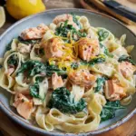 Nudeln in Lachs Sahne Soße mit Spinat