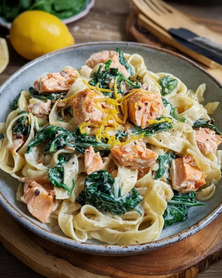 Nudeln in Lachs Sahne Soße mit Spinat