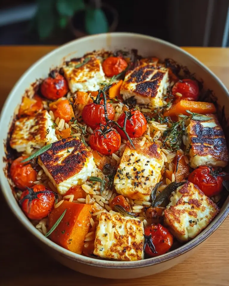 Halloumi Orzo Auflauf mit Kürbis und Kirschtomaten