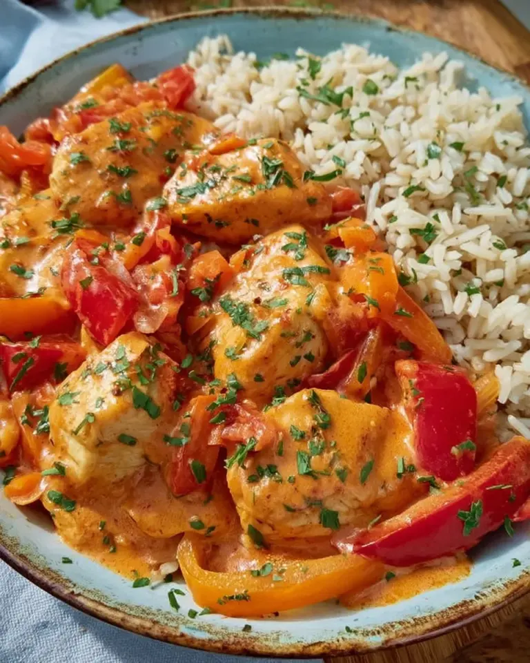 Paprika Sahne Hähnchen mit Reis