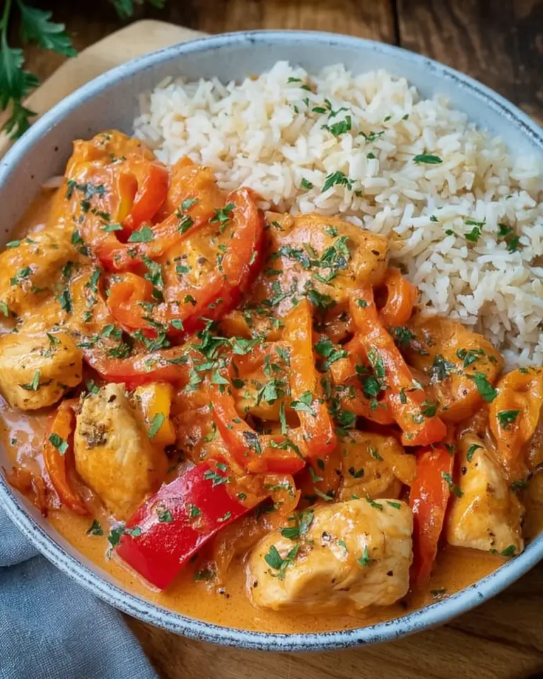 Paprika Sahne Hähnchen mit Reis
