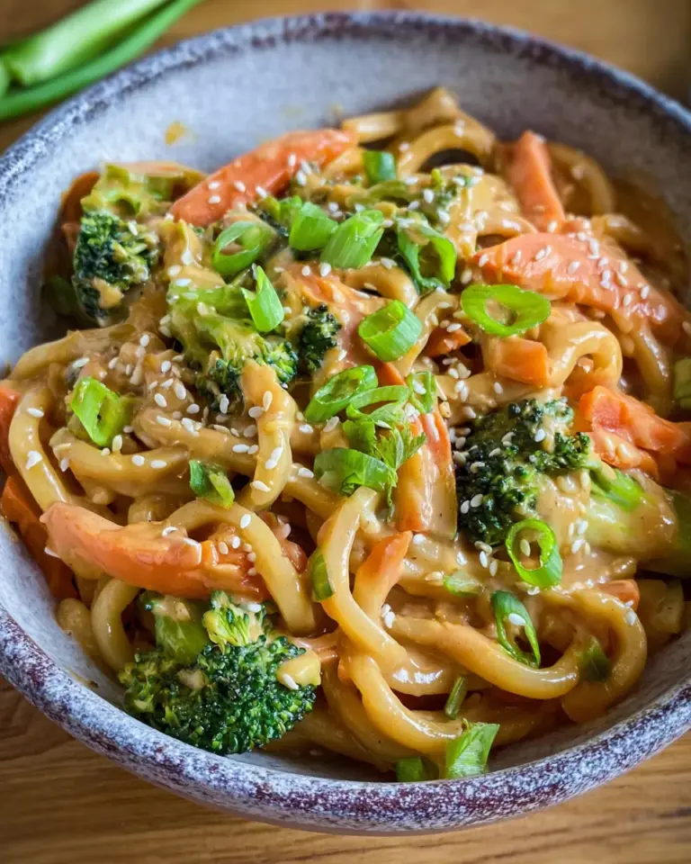 Udon Nudeln mit Erdnusssauce und Gemüse