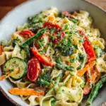 Vegane Pasta Primavera mit cremiger Knoblauch-Cashew-Sauce