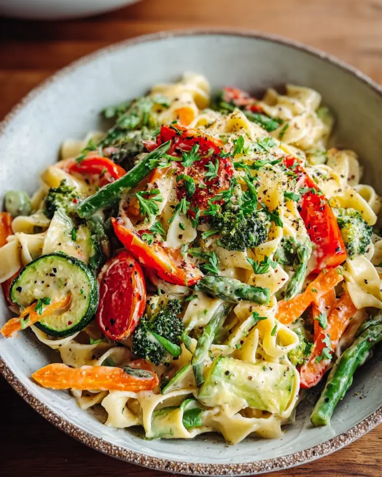 Vegane Pasta Primavera mit cremiger Knoblauch-Cashew-Sauce